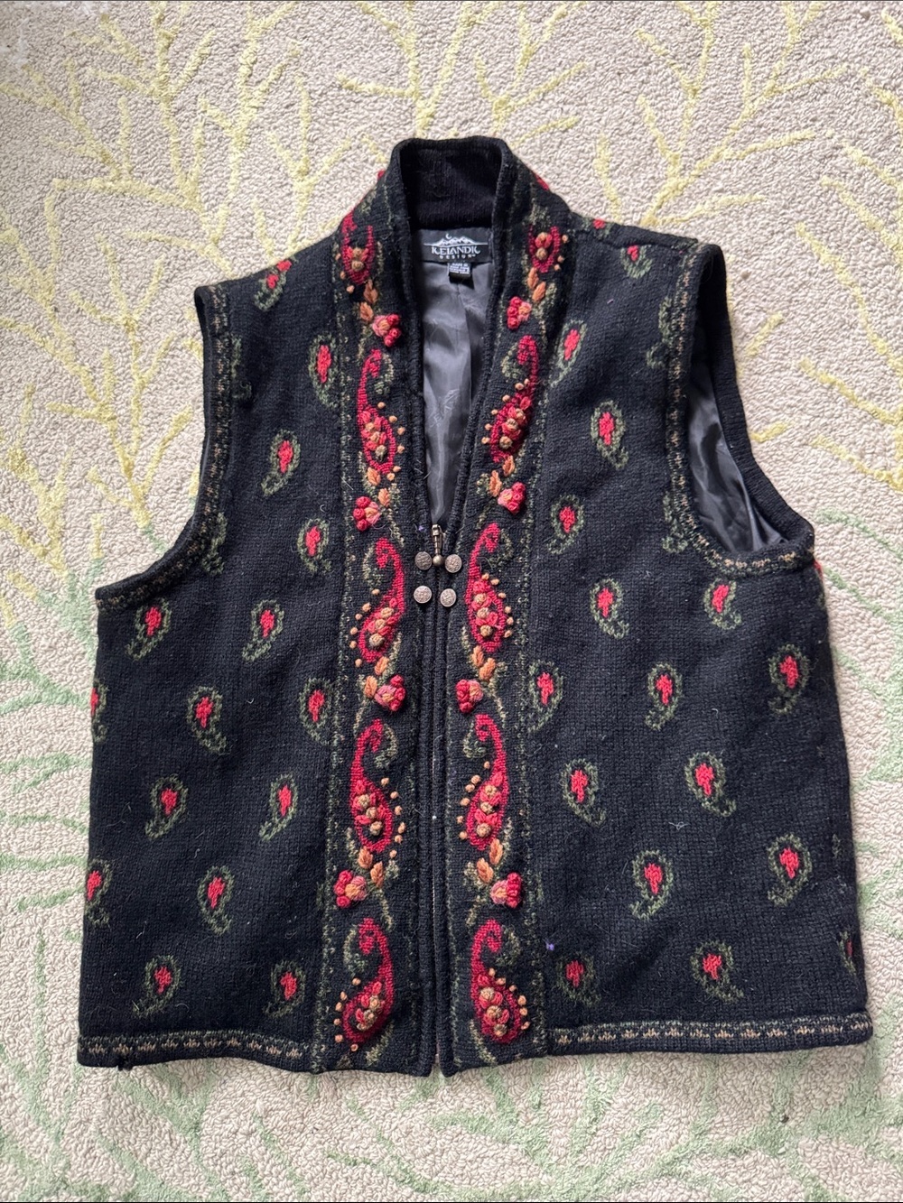 Icelandic design lined wool Paisley, zipper vest, medium